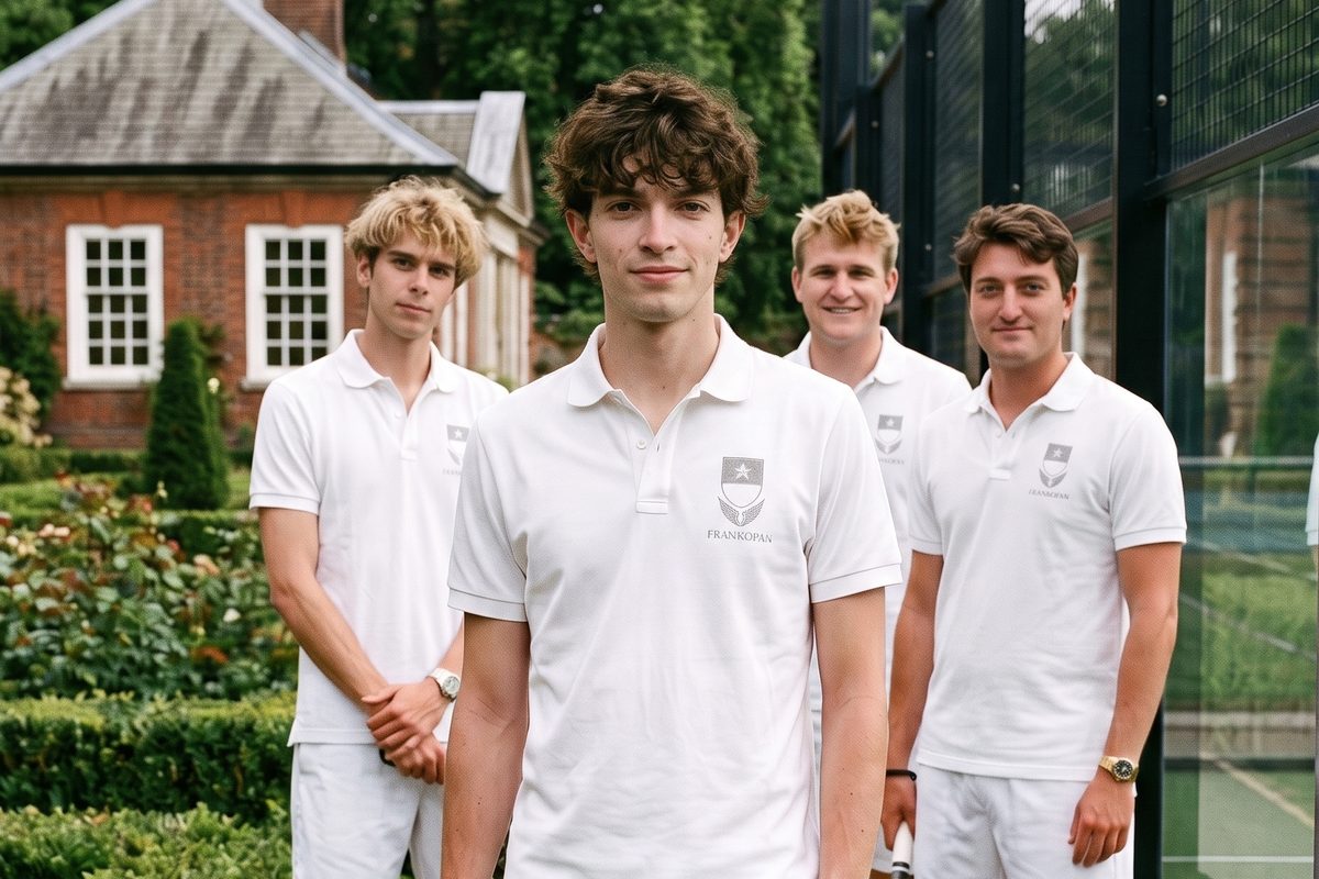 Four players in white club polos stand in a garden beside a padel court, a red-brick pavilion behind them.