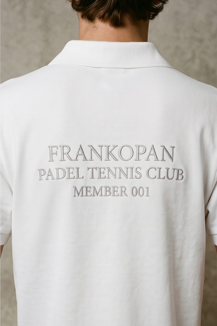 Back view. Grey lettering across the shoulders reads Frankopan, Padel Tennis Club, Member 001.